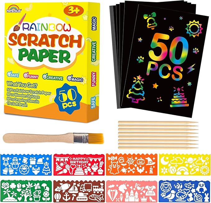 50 PCS Rainbow Scratch Paper Scratch Art for Kids Rainbow Scratch Notebook with Stencils Stylus for Girls Boys Students Party School Birthday Travel Favors Supplies