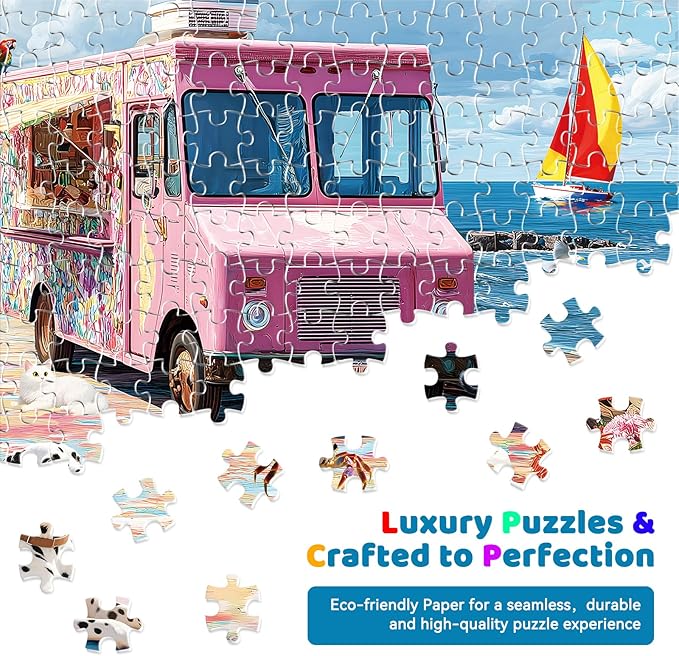 300 Piece Puzzles for Adults, Spring & Summer 300 Piece Puzzles for Adults Large Piece, Hot Air Balloon Ice Cream Truck Jigsaw Puzzle Gift for Adult Kids Family Games Toy, 20.5 X 15 in