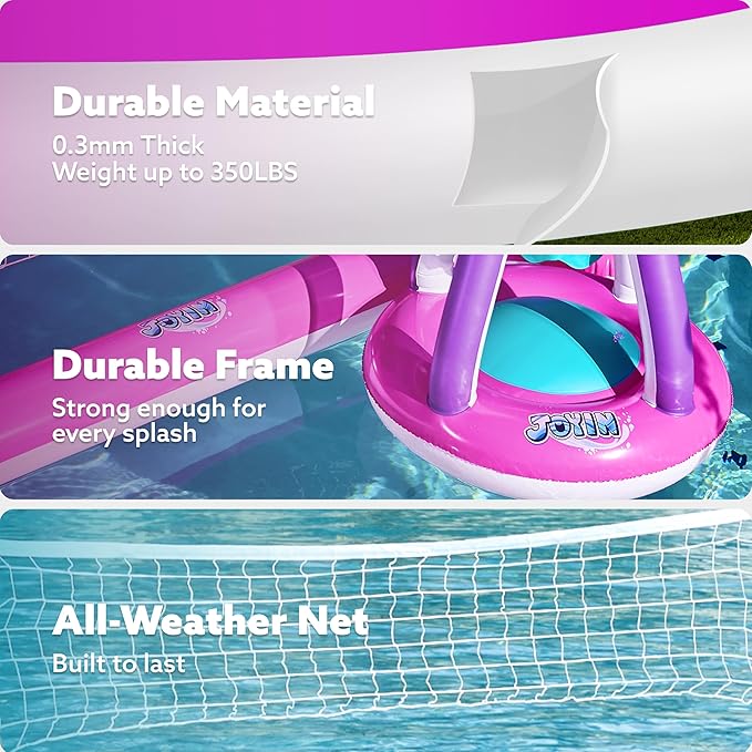 JOYIN Inflatable Pool Float Set Volleyball Net & Basketball Hoops, Floating Swimming Game Toy Floaties for Kids and Adults Volleyball Court (105”x28”x35”)|Basketball (27”x23”x27”),L-Pink Purple