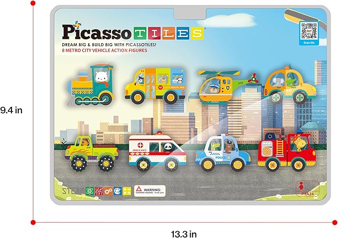 PicassoTiles 8pc Metro City Vehicle Magnet Building Block Set with Magnetized Action Figures Compatible with Magnetic Tile Kits STEAM Educational Construction Playset for Boys Girls Age 3 Plus PTA24