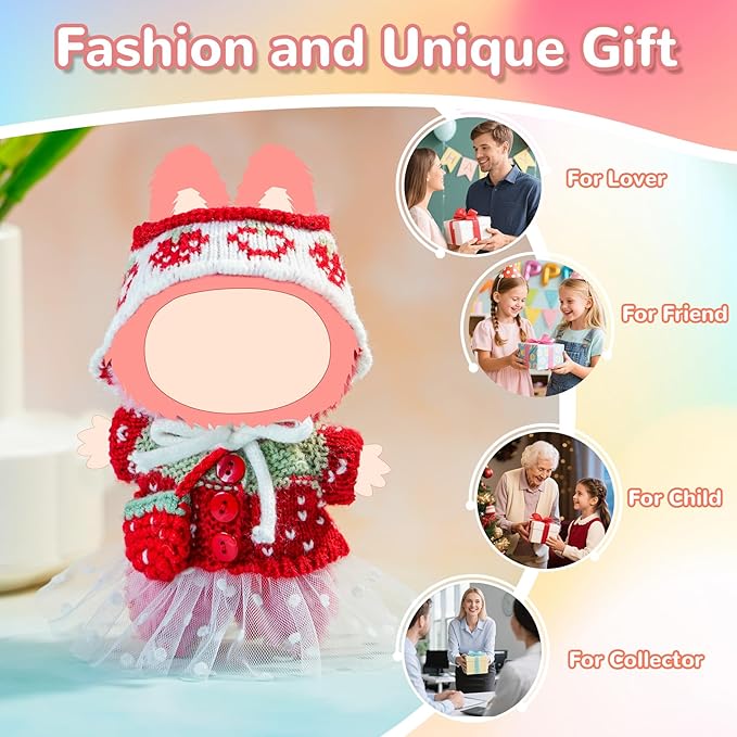 17cm Doll Clothes Set-Handcrafted Crochet Outfit Accessories for 5.91-6.7inch Dolls-Hand Crocheted Hat+Strawberry Sweater+White Dress+Bag(NO Doll)