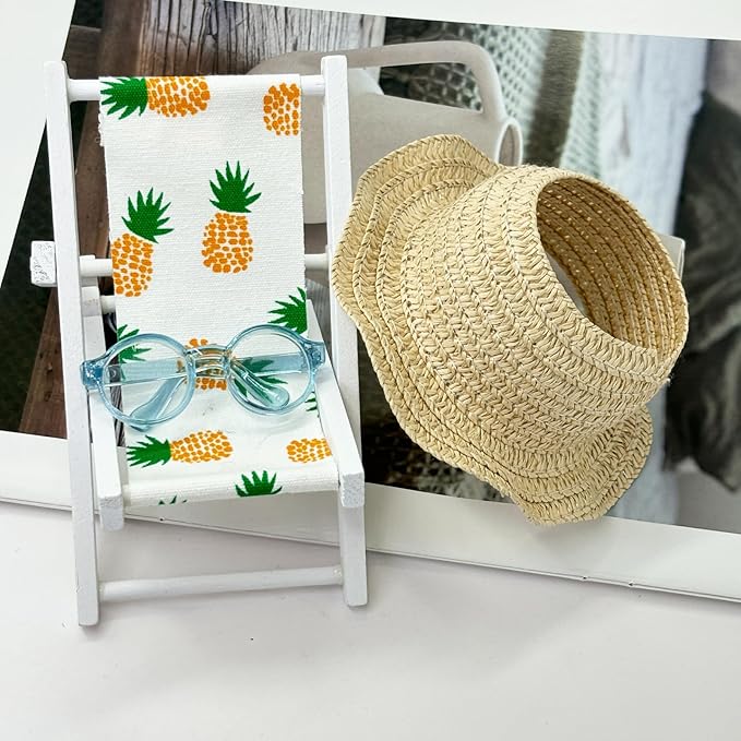 Doll Accessories Compatible with Labubu, Wooden Mini Folding Chair with Sunglasses & Straw Hat for 15cm/17cm Dolls,No Doll