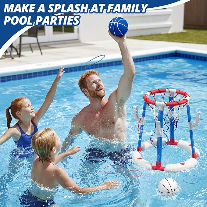 2 in 1 Pool Basketball Hoop with Backboard & Ring Toss Game, Floating Pool Toy - Anti-Tip Stable Base - with 4 Balls/8 Rings/Pump - Summer Water Indoor Outdoor Toy Gifts for Kids 4-8 & Adults, Red