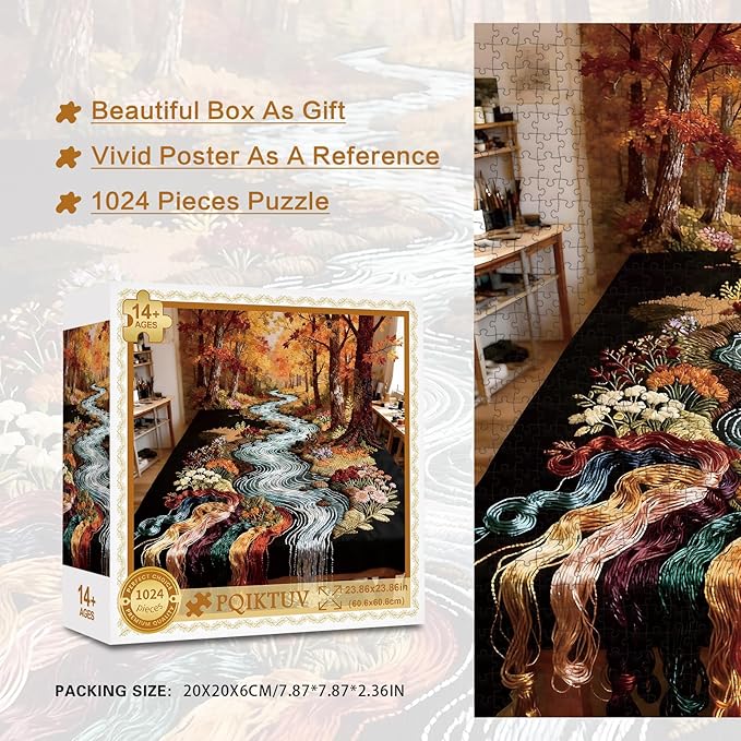 1024 Piece Jigsaw Puzzle for Adults, Embroidery Autumn Stream Landscape, Impossible Puzzle for Family Game Night, Decorative Wall Art Gift for Nature & Craft Lovers, 23.86 x 23.86 Inches