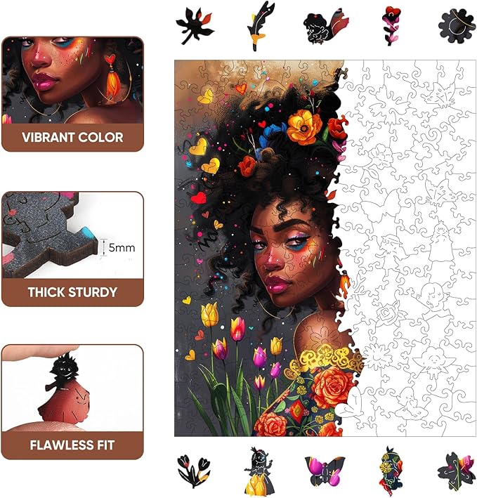 Beautiful African American Black Girl Wooden Puzzles for Adults, Afro Fashion Flora Girl Jigsaw Puzzles, Unique Shaped Flower Wood Puzzle 500Pieces, 18.1x14.5in, Birthday Gifts Family Game