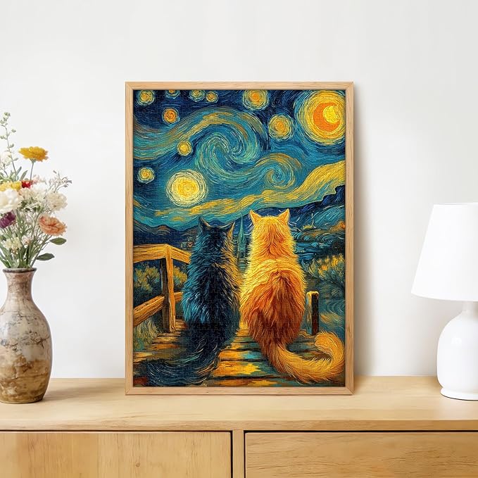 Starry Night Bridge Two Cats 1000 Piece Puzzle for Adults - Van Gogh Inspired Art, Whimsical Town Scene, Poster & Lettered Back, 20"x28" HD, Gift for Cat & Art Lovers