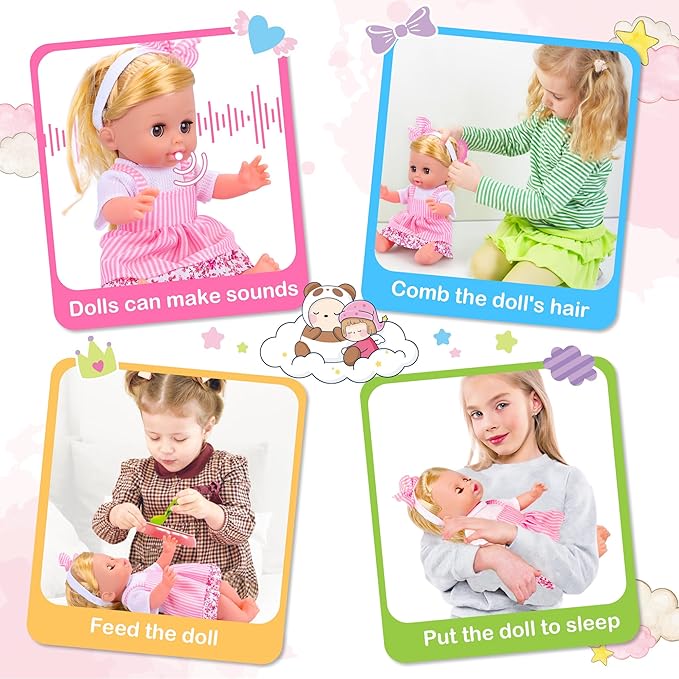 PROOU Baby Care Doll Toys Set, 36PCS Dolls Playset, Hair Salon Pretend Play Toddler Doll Toys Incl 14'' Baby Dolls Toy, Backpack, Hair Dryer, Curler, Xmas Gifts for Age 3 4 5 6+ Years Old Girls Kids
