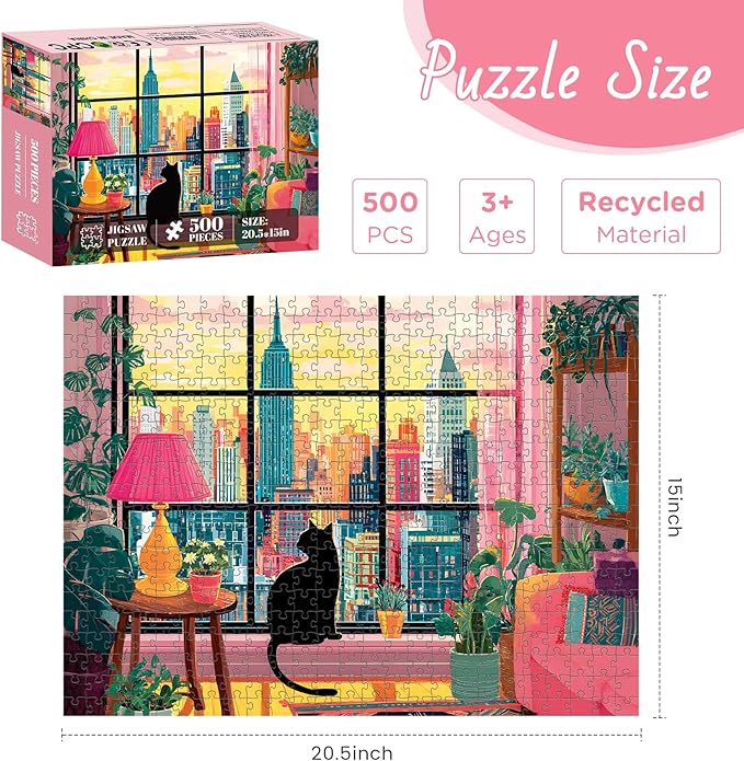 500 Pieces Jigsaw Puzzles for Adults, Black Cat in City Jigsaw Puzzle for Adults Elders Seniors, Colorful Art Jigsaw Puzzle, Interlock Letter on Back, Home Decor Birthday Party Gift Toys 20.5 x 15 in