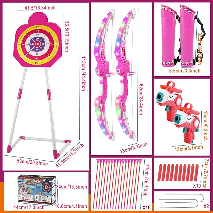 TWFRIC 2 Pack Bow and Arrow for Kids - LED Light Up Archery Set with 16 Arrows, 1 Standing Target & 2 Quivers - Fun Indoor/Outdoor Toy for Boys & Girls Aged 3-12 (Pink)