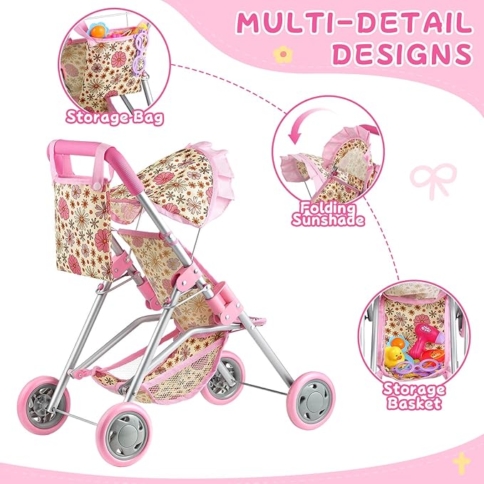 GAGAKU Baby Doll Stroller, Foldable Toy Stroller with Storage Basket and Bag, Diaper, Reborn Doll Accessories for Girls & Kids Ages 3+, Daises Pattern