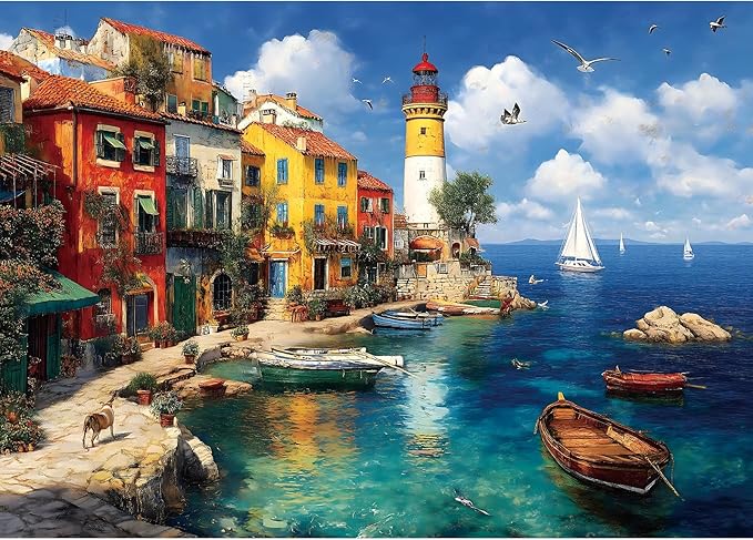 Summer Colorful Coastal Village 1000 Piece Puzzle for Adults, Fun Puzzles for Adults 1000 Pieces with HD Print & Poster, 27.5 * 19.7 in Dust Free, for Gifts Halloween Christmas Family Games Lovers