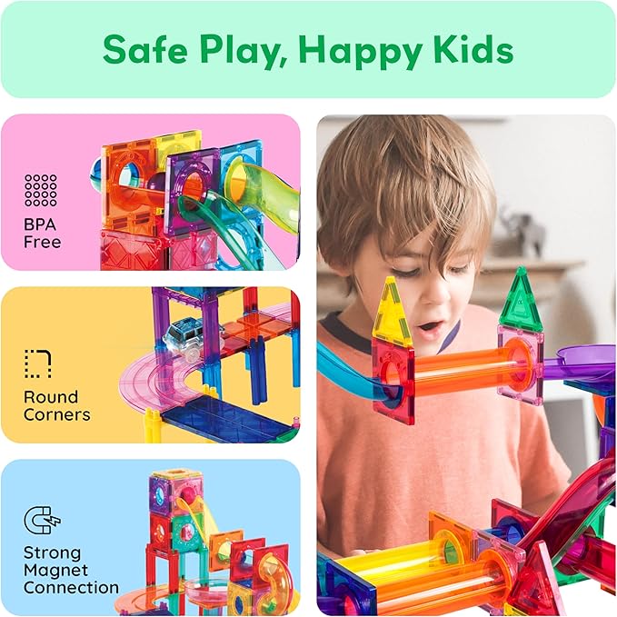 PicassoTiles 108pc Magnetic Marble Run Set with Building Tiles Race Track Car Slides Set STEM Learning Toy 3-in-1 Preschool Construction Kit for Indoor Activity and Development for Kids age 3+ PTG108