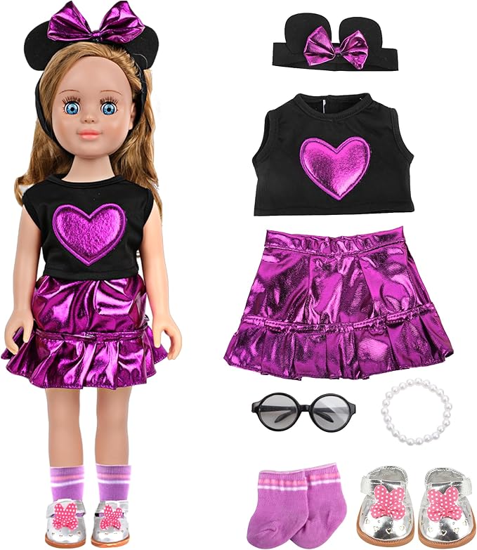 MSYO 18 Inch Doll Clothes & Accessories Set,Black Purple Heart Top & Metallic Purple Skirt Outfit with Mouse Ears Headband,Sunglasses,Socks,Shoes,Bracelet,Fits 16-18 Inch Baby Dolls(Purple)