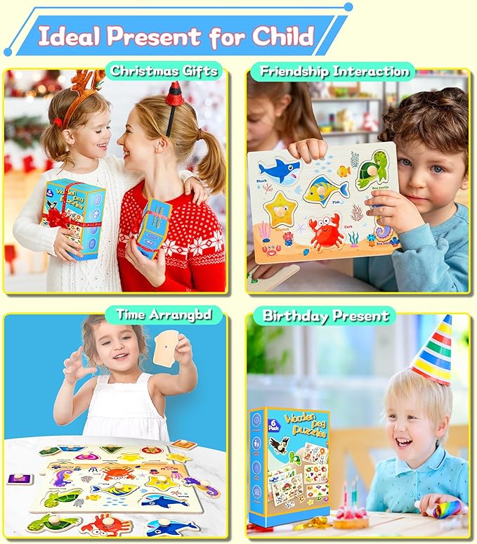 Wooden Peg Puzzles for Toddlers,Montessori Toddler Jigsaw for Child,Fine Motor Skill Learning Puzzle Toys for Baby Boys Girls Gifts-6 Pcs Shape,Farm,Sea Animal,Dinosaurs,Fruits,Animal