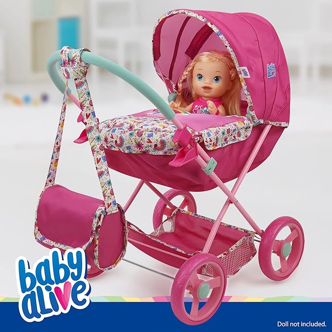 Baby Alive Deluxe Doll Pram - Pink & Rainbow - Includes Handbag, Fits 18" Dolls, Large Canopy, Storage Basket, Bassinet - Pretend Play for Kids Ages 3+