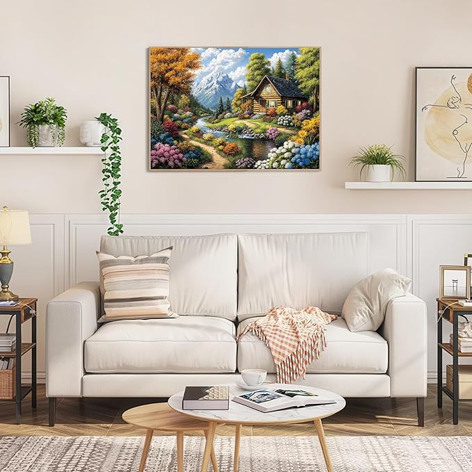 1000 Piece Jigsaw Puzzle for Adults, Mountain Cabin Landscape with Stream & Flowers, Back with Letters, Ideal for Home Decor & Puzzle Lover Gifts
