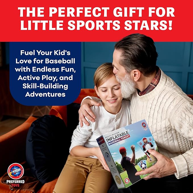 Inflatable Baseball Pitching Target for Kids 3 and Above - Double-Sided Throwing Toss Game with 4 Soft Balls - Indoor Outdoor Baseball Toys Training Equipment - Red/Blue