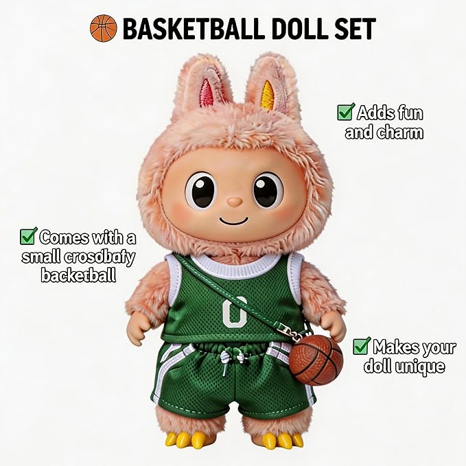 Sports-Themed Basketball Football 3-Piece Sets/Clothes for LABUBU 17cm Doll/17cm Dolls Clothing Accessories(No Dolls )/ (NO.0 - Green)