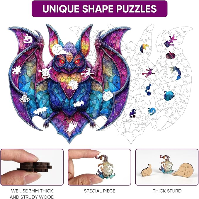 MEATRN Wooden Puzzles for Adults - Stained Glass Bat Wood Puzzles Adult, Unique Irregular Shape Animal Puzzle, Relaxing Family Game, Festival Decorative Gift for Kids, 198 Pcs, 11.4x11.1 in