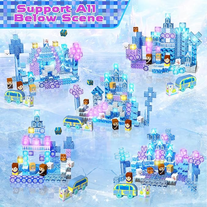 200 PCS Magnetic Blocks, Light Up & Transparent Magnetic Building Block for Blue Snow Princess Castle, Magnet Cubes Frozen Toys for Girls Age 3 4-8 8-12 Birthdays Gift for Kids, Easter Basket Stuffers