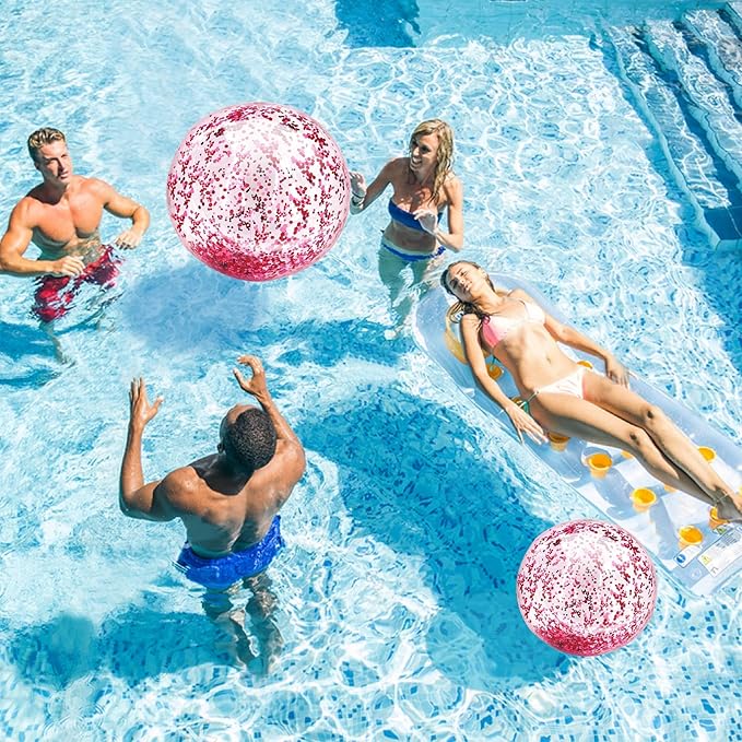5 Pcs Inflatable Beach Balls, 16 Inch & 24 Inch Large Confetti Glitter Beach Balls, Sequins Clear Blow up Pool Balls Toys for Christmas Party Decorations 2026 New Year Birthday Summer Swimming Pool