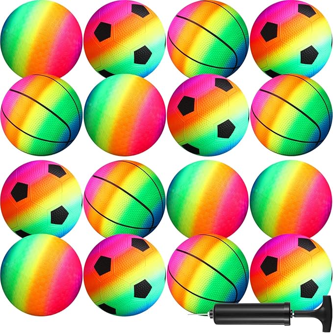 Lenwen 15 Pieces Rainbow Playground Sports Balls for Kids with 1 Hand Pump 6 Inch Inflatable Ball Basketball Soccer Kickball Dodgeball for Kids Teenagers Over 6 Indoor Outdoor Schoolyard Ball Games