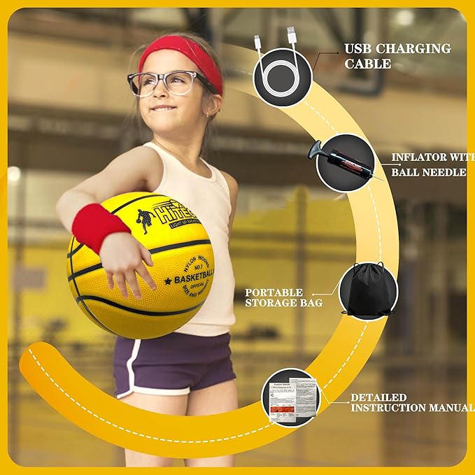 Rechargeable Glow in the Dark Basketball - USB Charging, Water-Resistant, Size 7, Impact Activated, Includes Pump & Charging Cable - Rechargeable Light Up Basketball (Yellow, with Bag)