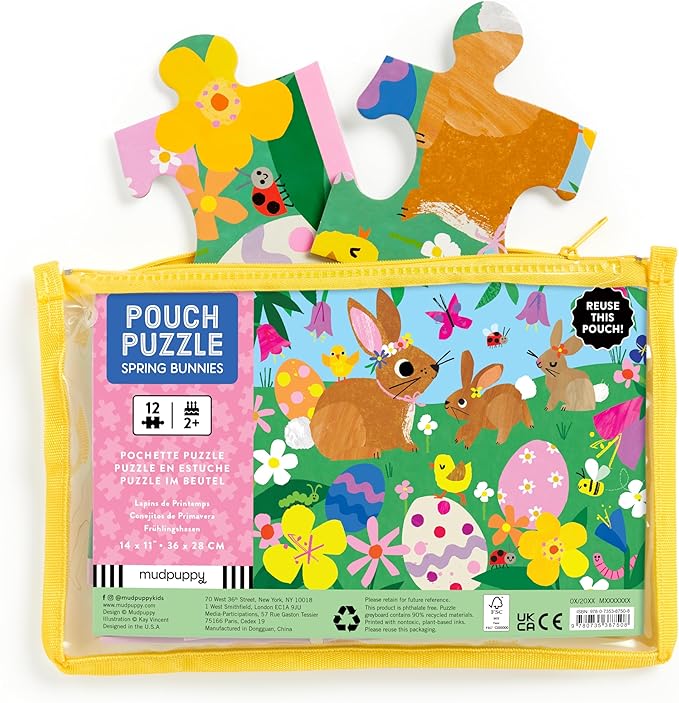 Mudpuppy Spring Bunnies – 12 Piece Puzzle with Reusable Zipper Pouch Featuring Colorful and Fun Illustrations of Spring Bunnies Perfect for Easy Storage and Travel