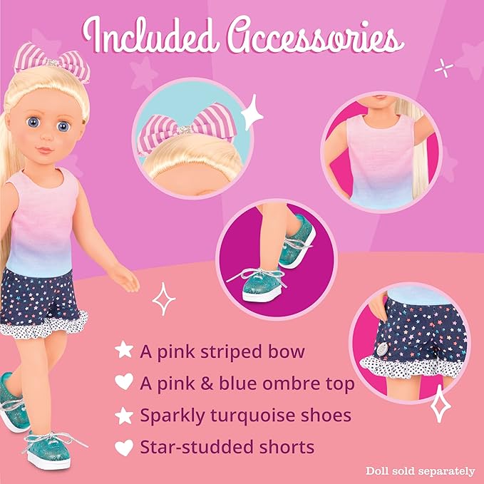 Glitter Girls – 14-Inch Doll Clothes – 4 Pieces Starry Outfit – Colorful Top & Polka Dot Shorts – Glittery Shoes & Hair Bow – 3+ Years– Twinkle Like A Star