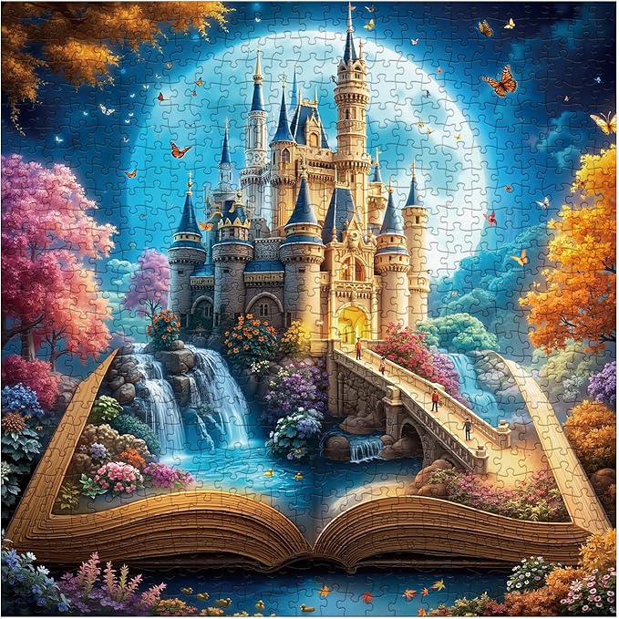 Magic Books Castle Puzzles for Adults 1000 Pieces Nature, Fantasy Pretty Landscape Moon Art Jigsaw Puzzles, Beautiful Garden Colorful Flower Puzzle
