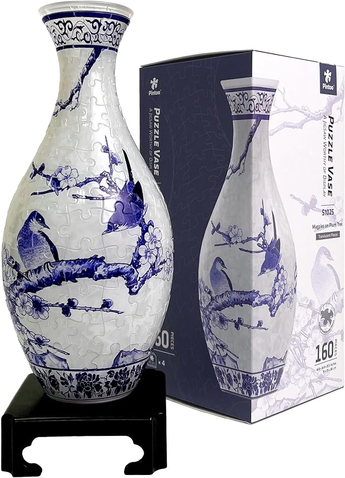 Pintoo 3D Puzzle Vase Unique Flower Vase Made by 160 Curved Plastic Puzzle Pieces House Warming Gift for Flower Arrangements and Home Decoration, for Mom [S1025] (Translucent, Magpies on Plum Tree)