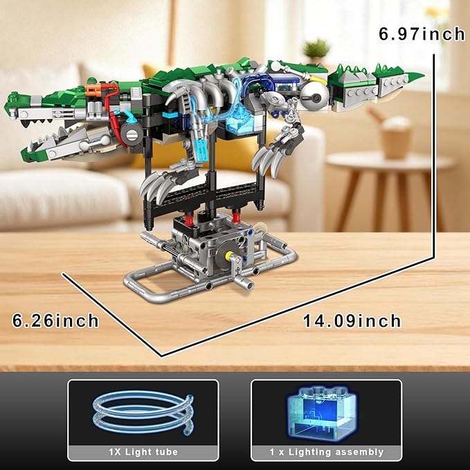 Kinetic Mechanical Crocodile Building Kit - Light-Up Interactive Animal Model with Hand-Crank Moving Jaw, Claws & Tail - STEM Construction Toy for Kids & Adults