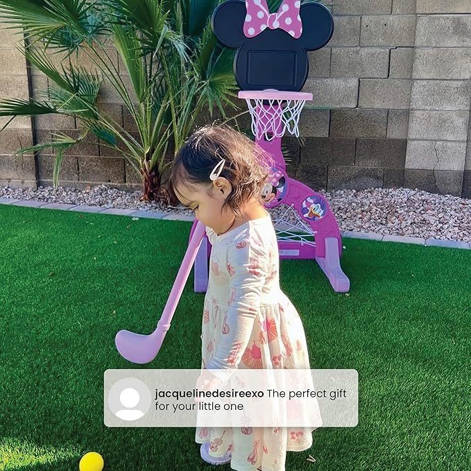 Delta Children Disney Minnie Mouse 4-in-1 Sports Center – Adjustable Easy Score Basketball Hoop, Soccer/Hockey Net and Golf Game, 4 Golf/Hockey Balls, Pink