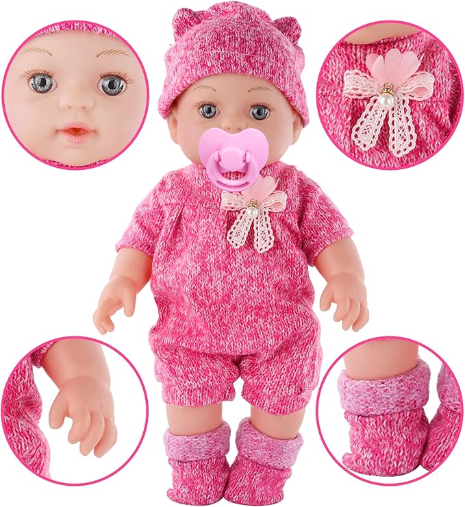 DONTNO 12 Inch Baby Doll with Clothes and Accessories, Reborn Alive Baby Doll Feeding and Caring Set with Baby Bottles Diaper Nipple for Little Girls Pretend Play Set