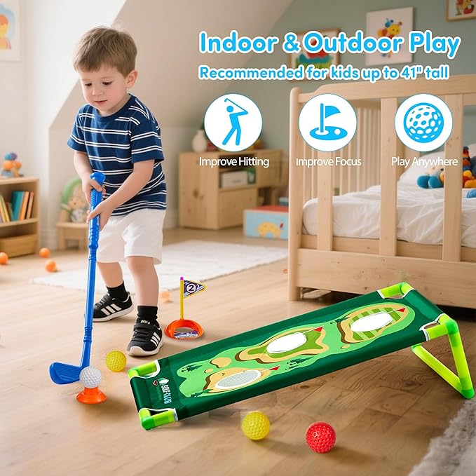 PJG Toddler Golf Set, Plastic Kids Golf Clubs Ages 1 2 3 4 5 Years Old with 4 Golf Clubs and 10 Balls, Indoor and Outdoor Golf Toys with Cart for Boys Girls Birthday Gift (Blue with mat and Cornhole)