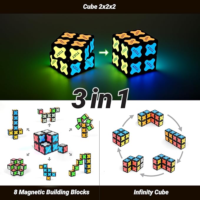 TOSY Magnet Cube 2x2 - 8 Blocks, 2in1 Toy: 2x2x2 Puzzle Cube and Customizable Infinity Cube, Easter Basket Stuffers Gifts for Kids/Grandkids, Glowing w/ UV Flashlight, STEM Toy, 4-Pack