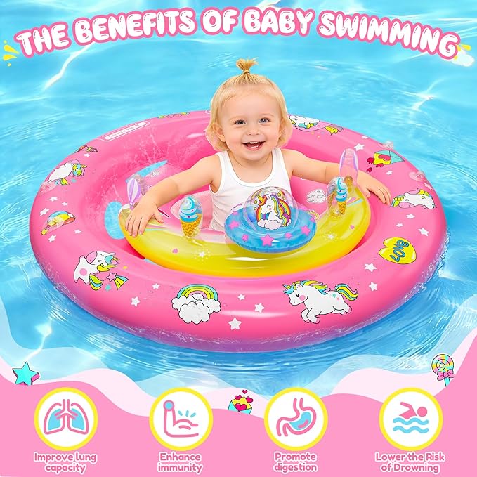 Baby Pool Float with UPF50+ Sun Protection Canopy, Inflatable Unicorn Baby Swim Float with Double Air Chambers, Adjustable Safety Seat & Toy Console Toddler Pool Float for 6-36 Months Boys Girls