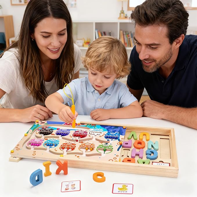 4-in-1 Magnetic Color and Number Maze Toys Box with Alphabet Puzzles Drawing Board, Wooden Storage Montessori Toy for 3-5 Year Old, Toddlers Educational Learning Toy Gifts for Kids Boys Girls