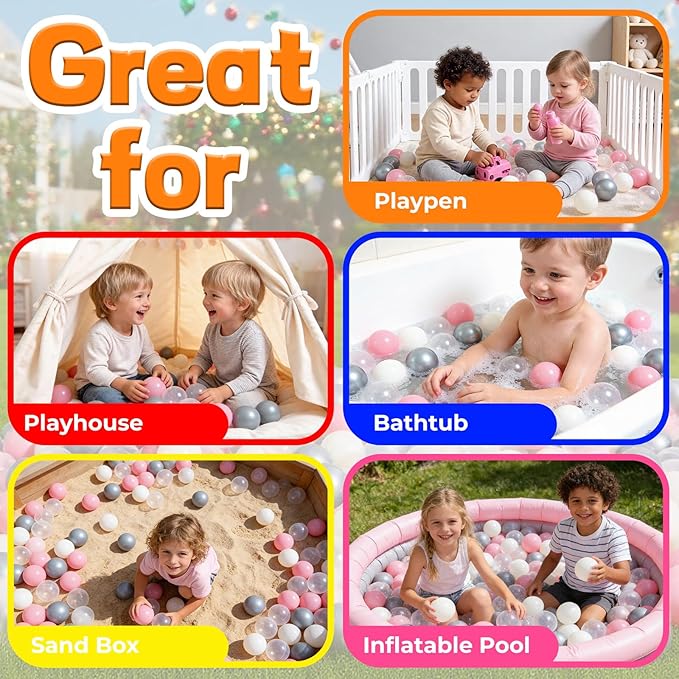 STARBOLO Ball Pit Balls for Toddlers Pack of 100 200 500 - BPA&Phthalate Free Non-Toxic Crush Proof Soft Plastic Balls for 1-5Years Old Toddlers Girl Kids Birthday Pool Playpen Tent Party