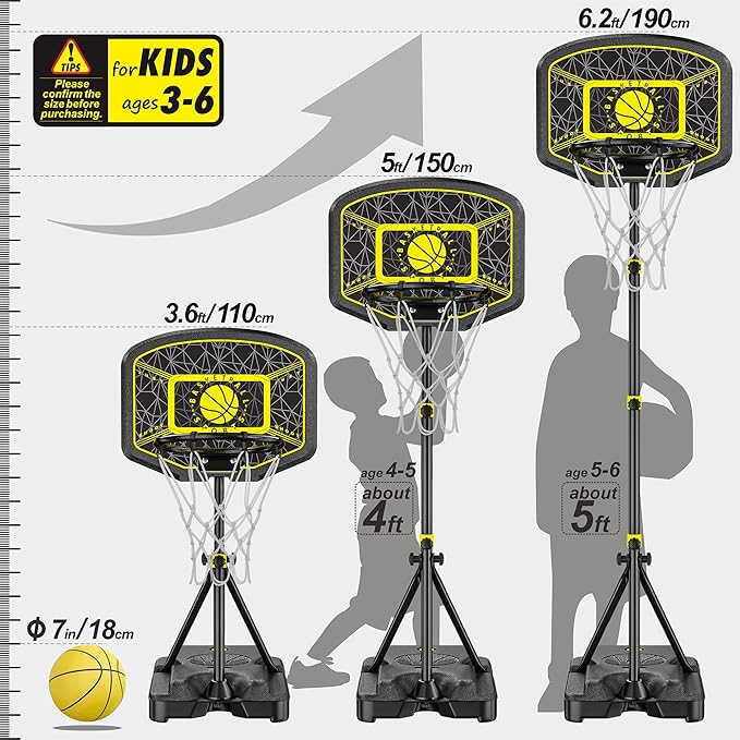 Kids Basketball Hoop GILIKOKO Adjustable Height 3.6 ft-6.2 ft Indoor Outdoor Toddler Plastic Basketball Goal Outside Yard Games Toys Gifts for Children