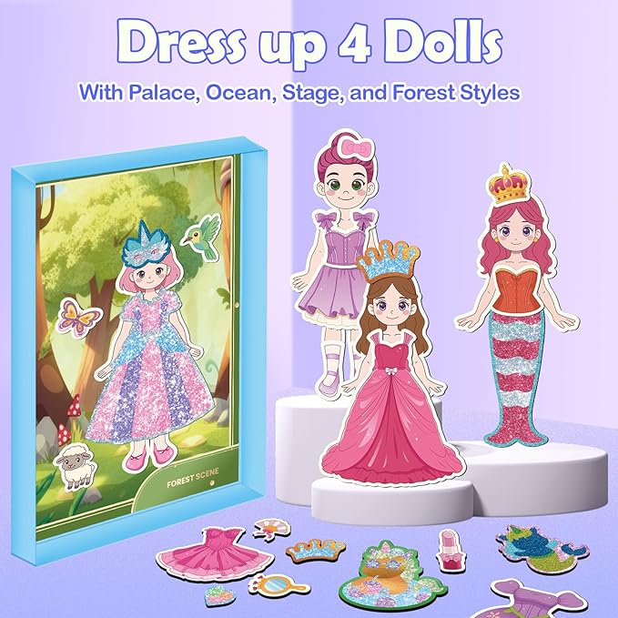 Magnetic Dress Up Dolls Girls, Princess Mermaid Fairy Ballerina Magnet Paper Dolls Kit with DIY Foil Art Craft Kit for Girls Age 4-7, Road Trip Airplane Car Activities Travel Toy Games Easter Gift