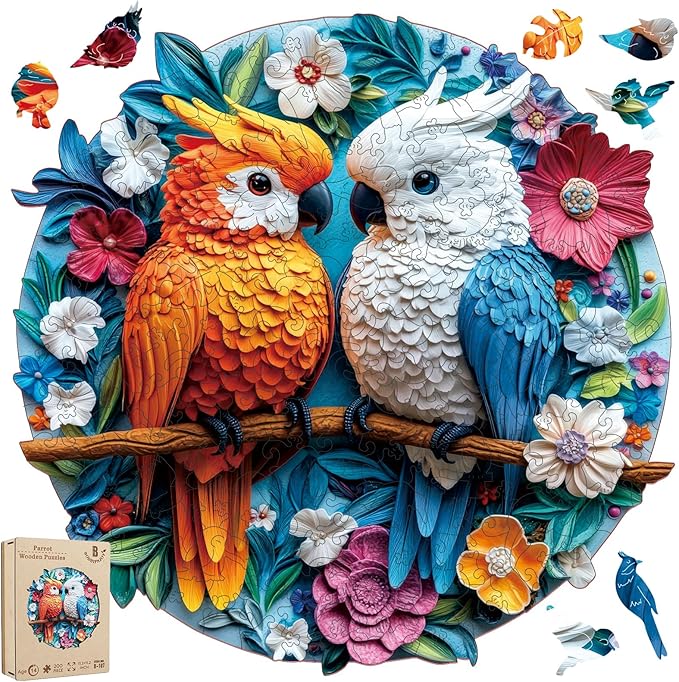 Wooden Jigsaw Puzzles for Adults, Parrots Mother's Day Wooden Puzzles 200 Pieces-5MM, Unique Animal Shape Wood Puzzles Adult, Birthday Party Gifts for Friends & Family Game Home Decor 11.2 x 11.2 in