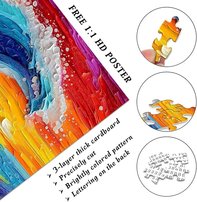 Impossible Puzzles for Adults 1000 Pieces, Colorful Ocean Wave Art Puzzle, Hard Difficult Jigsaw Puzzles Beach Painting, Gradient Rainbow Challenging Puzzles for Adults