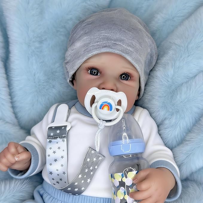 5Pcs Reborn Baby Doll Accessory Set - Rainbow & Kiss Me Magnetic Pacifiers, Baby Bottle, Whale and Star Pattern Pacifier Clips, Blue Style for Reborn Doll Girls Boy