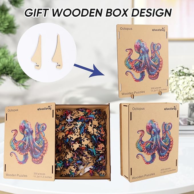 Qiuenisray Wooden Puzzles for Adults, Octopus Ocean Jigsaw Puzzles 200 Pieces, Cool Wood Puzzle Wall Decor, FSC Certified Unique Animal Adult Puzzles Piece, Creative Gift for Family Game 11.2x11.2 in
