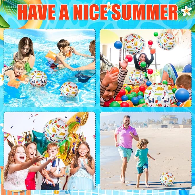 Leyndo 12 Pack Cartoon Dinosaur Themed Beach Ball for Kids 7.87" Bulk for Summer Pool and Beach Game Gifts and Birthday Party Supplies and End of The Year Class Party Decoration Favors