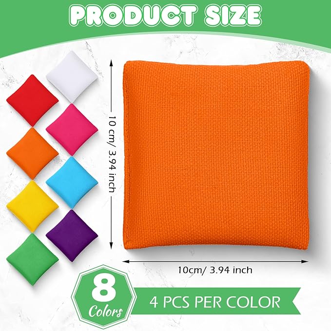 32 Pack Bean Bags Toss for Kids Cornhole Bean Bags Colorful Bean Bags for Tossing Canvas Toss Bags Hand Toy Toss Games Weights for Outdoor Yard Games, Assorted Colors (Bright Colors, 3.94 x 3.94 Inch)
