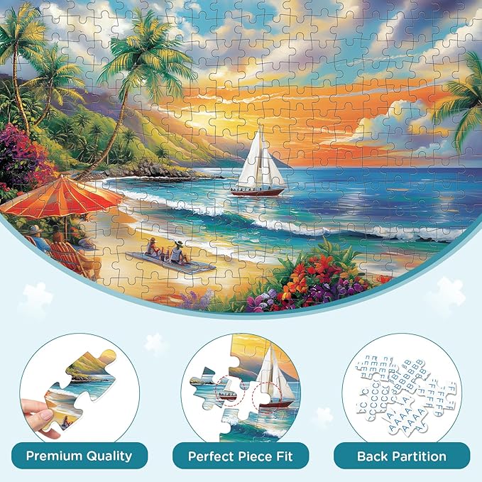300 Pieces Puzzles for Adults, Summer Beach Jigsaw Puzzles 300 Pieces Puzzles for Adults Kids, Colorful Sunset Boat Jigsaw Puzzles, Birthday and Holiday Challenging Gift Toy 20.5x15 in