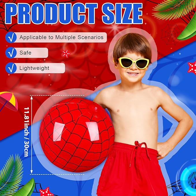 4 Pack 11.81" Spider Web Themed Beach Ball for Kid Inflatable Beach Ball Bulk for Summer Pool Game Spider Red Decoration for Birthday Party End of The Year Class Party Supplies Gift