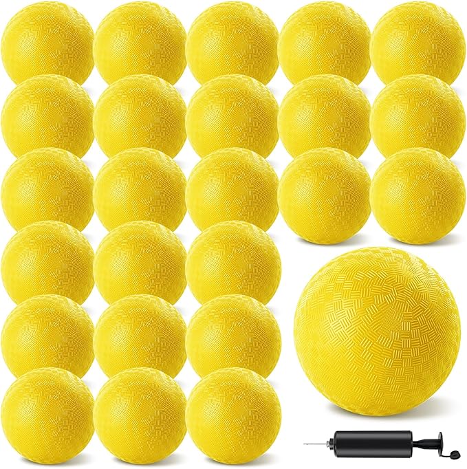 24 Pcs Dodgeballs 5 Inch Playground Ball Yellow Kickball Inflatable Rubber Handball Bouncy Dodge Ball with 1 Hand Pump for Outdoors Ball Games Gym Camps Picnic (Yellow)